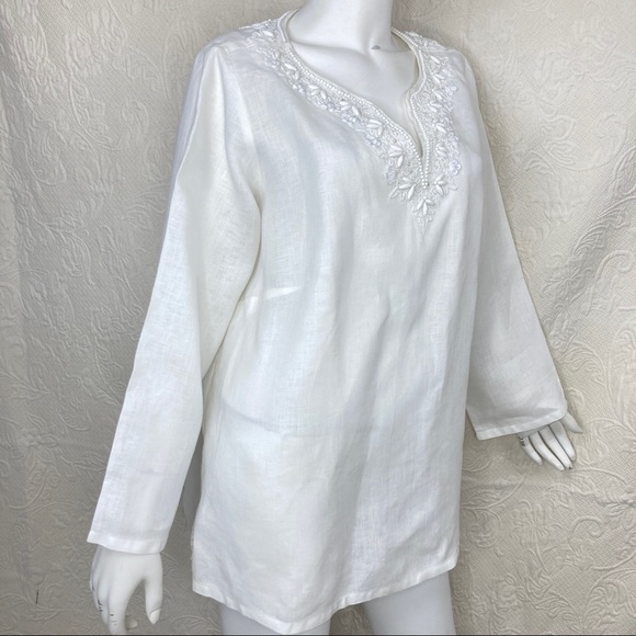 Talbots Beaded White Linen Tunic - Picture 2 of 10